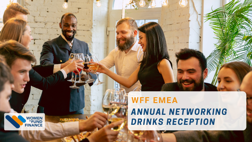 Forefront group of 4 people sitting with wine glasses all toasting. Background group of 5 people standing toasting